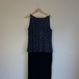 Vintage Velvet Maxi Dress Womens Size 14 Black Silver Good Shimmer Layered Look